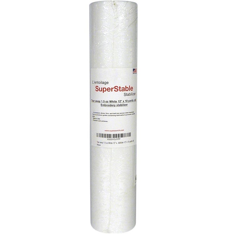 Superpunch 1.5 oz White Tear Away Stabilizer for Embroidery - 12 inch x 10 Yard Roll, SuperStable Tear Away Machine Embroidery Stabilizer Backing, Polyester & Cellulose - Made in The USA - Image 1